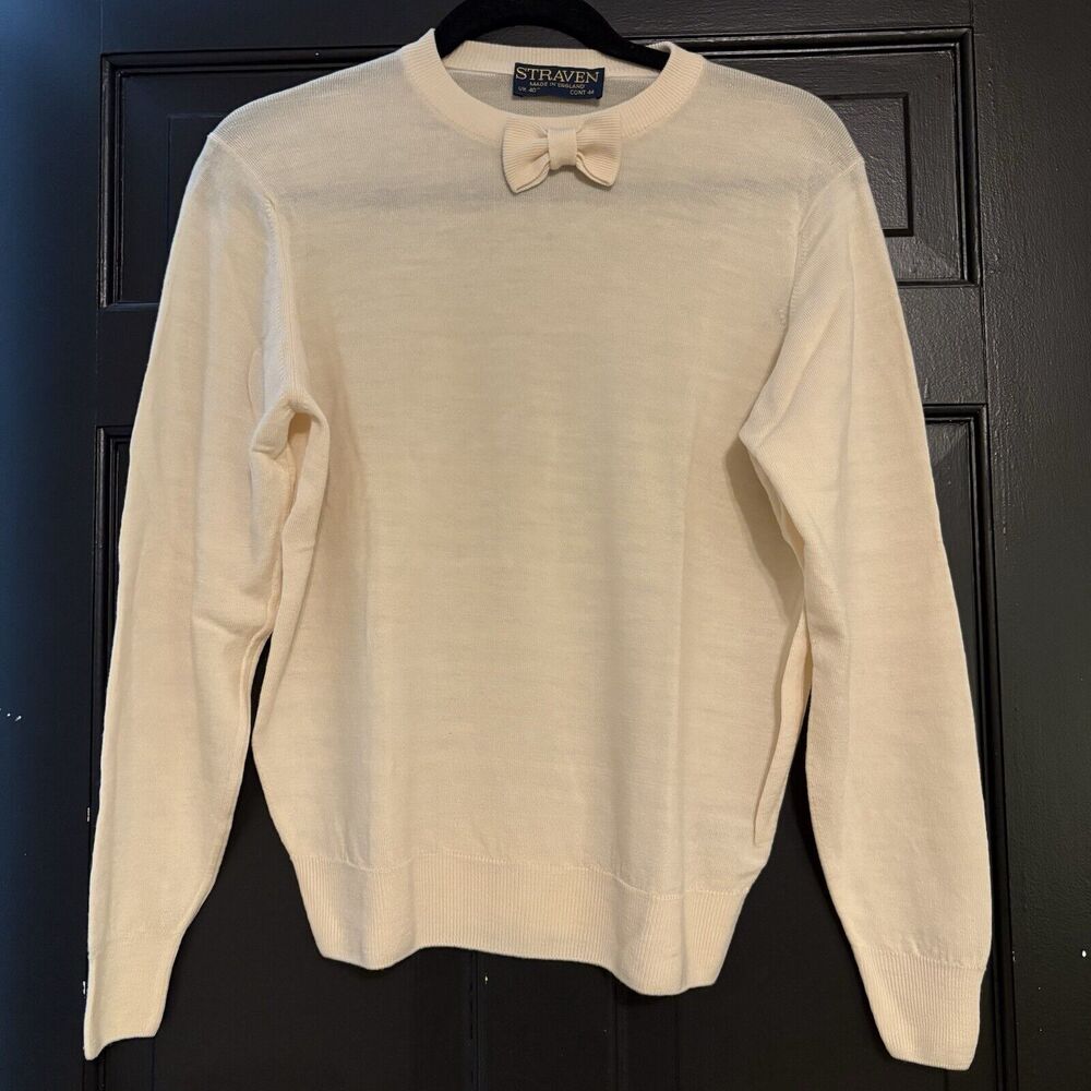 STRAVEN 100% Wool Ivory Sweater Bow Neck Size EU40 Small Made in England NEW